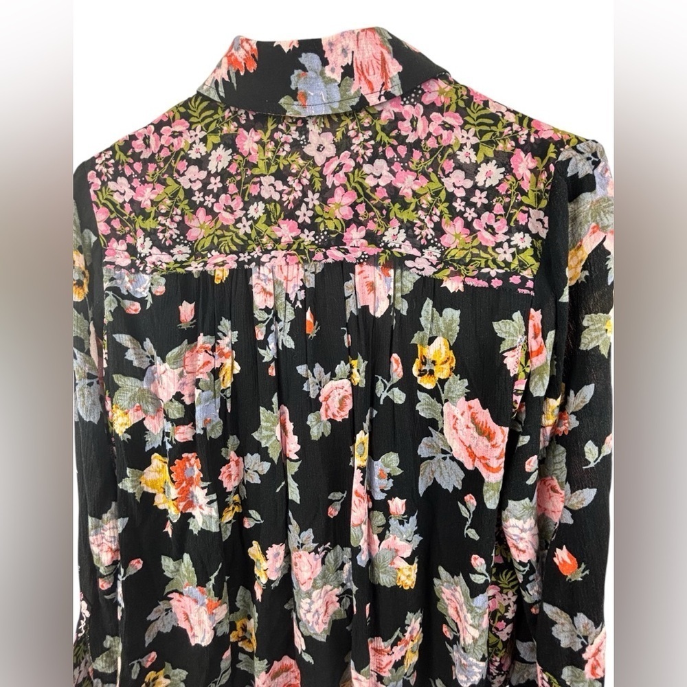 Free People Hold On To Me Black Floral Print Blouse Boho Raw Seam Size XS - Picture 6 of 14